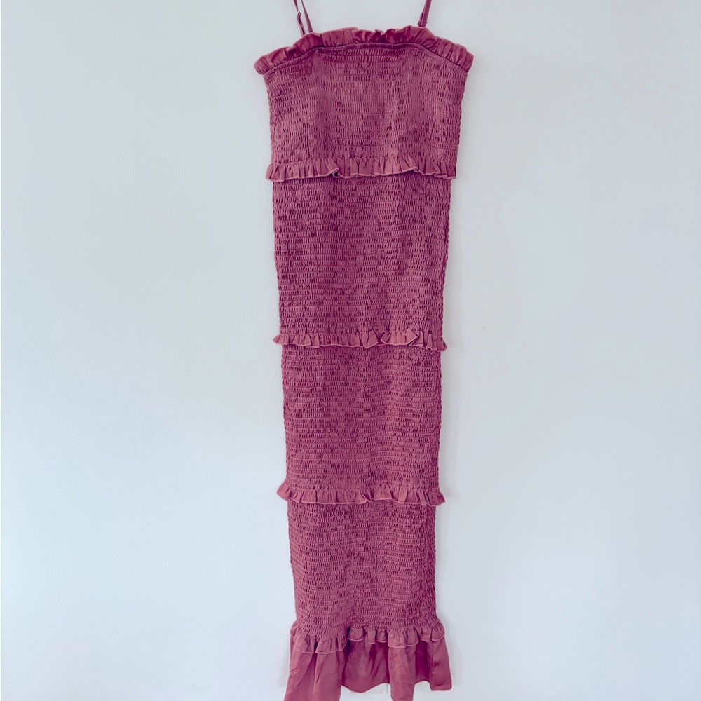 Mable for Pink Blush Maternity Mauve Satin Smocked Fitted Midi Dress.